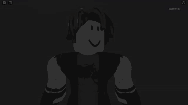 a black and white photo of a roblox character with headphones on
