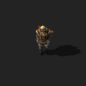 a cartoon character with a backpack and a gun is running