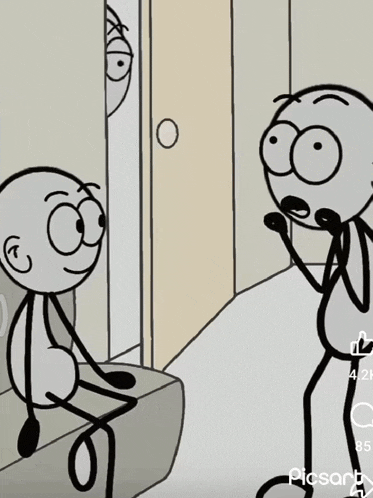 two stick figures are standing next to each other in a room with the number 85 on the bottom