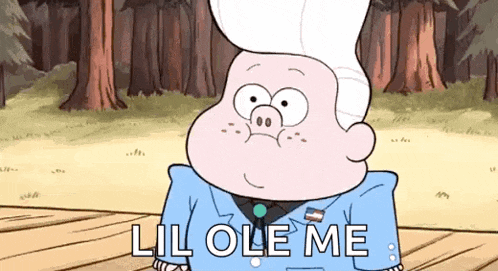 a cartoon character says lil ole me in front of trees
