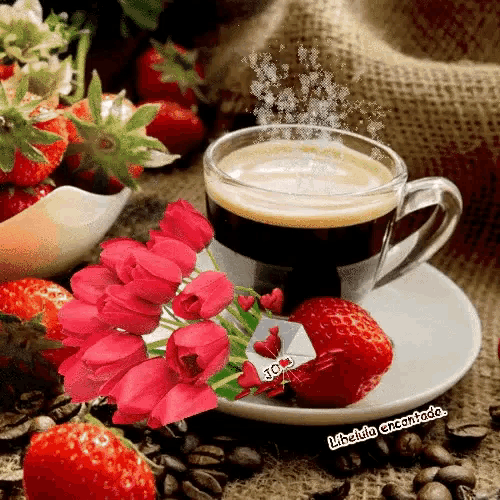 a cup of coffee is surrounded by strawberries and flowers .