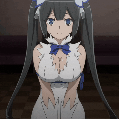 a girl with long black hair and blue eyes is wearing a white dress with a blue bow around her neck
