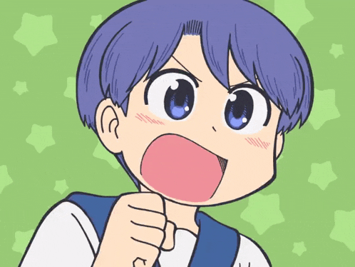 a cartoon of a boy with blue hair making a face