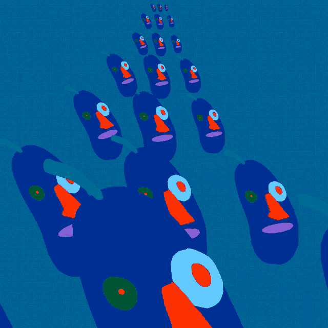 a blue background with a bunch of cartoon characters on it
