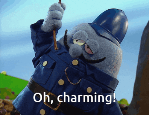 a cartoon character holding a stick with the words oh charming written below him