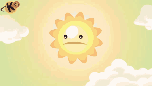 a cartoon sun with a sad face and a k ch logo behind it