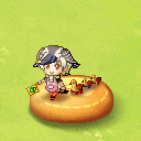 a little girl is standing on a donut with ducks on it in a video game