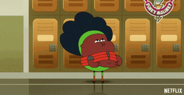 a cartoon character standing in front of lockers with a pinky maliney sticker