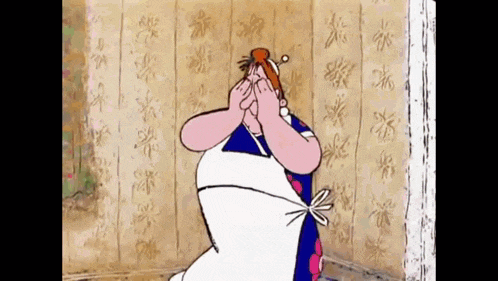 a cartoon of a woman covering her face with her hands in front of a wall .