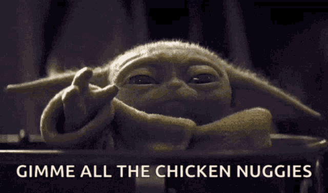 a stuffed animal with the words gimme all the chicken nuggies written on it