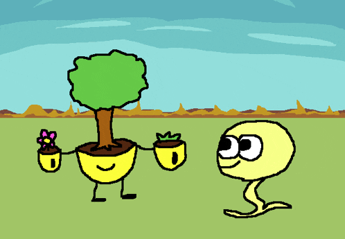 a cartoon drawing of a monster eating a tree and holding a flower