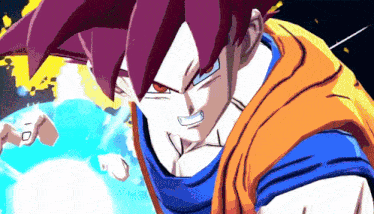 a close up of a cartoon character with purple hair and red eyes