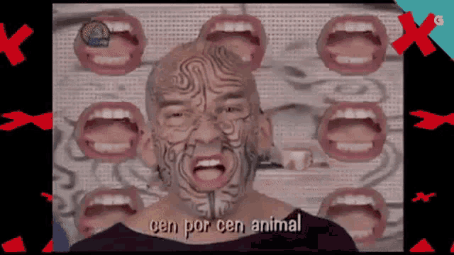 a man with a tattoo on his face is surrounded by mouths and the words cen por cen animal