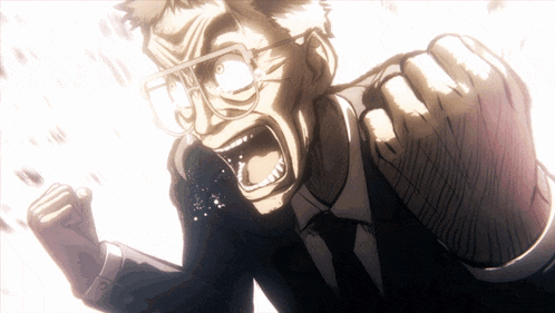 a man wearing glasses and a suit is screaming with his fist in the air