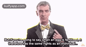 a man in a tuxedo and bow tie is talking about fertilized eggs .