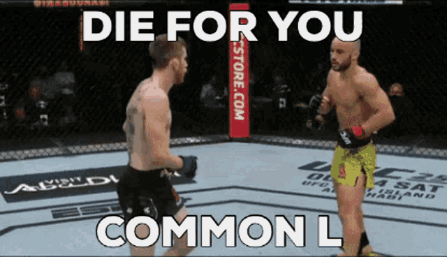 two men are fighting in a ring with the words die for you common l on the bottom