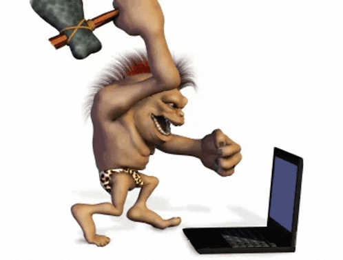a cartoon of a troll holding an axe next to a laptop computer