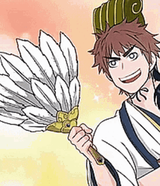 a cartoon of a man holding a fan with feathers
