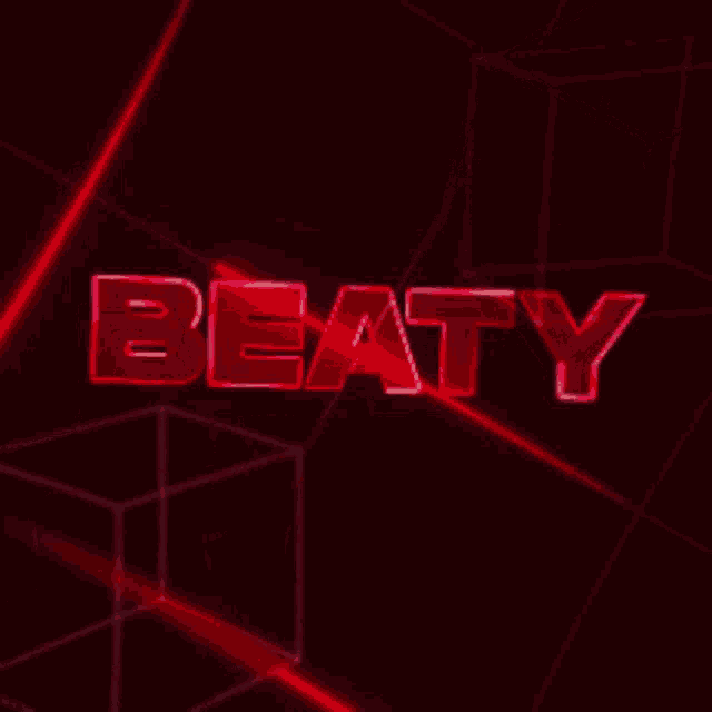 the word beaty is lit up in red letters on a dark background