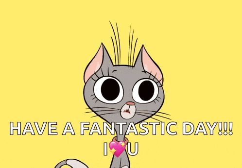 a cartoon cat is screaming with the words " yey it 's friday have a fantastic day !!! "