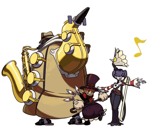 a cartoon drawing of a man playing a saxophone and a woman playing a trumpet