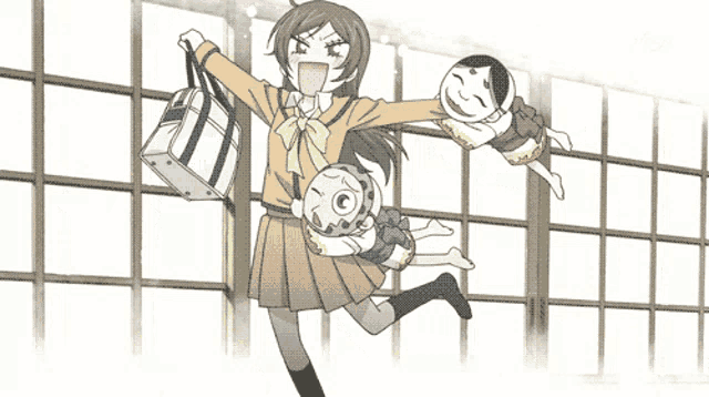 a girl in a school uniform is holding a purse and two children in her arms