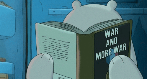 a cartoon character is reading a book titled war and more war