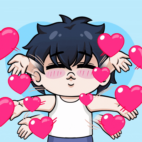 a cartoon of a boy surrounded by hearts