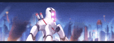 a white robot with red eyes is standing in front of a blue background .