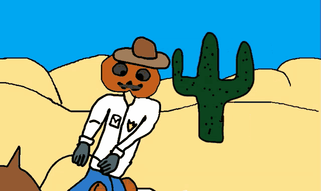a cartoon of a man with a pumpkin on his head riding a horse