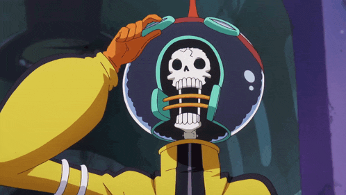 a cartoon character has a skull on his head