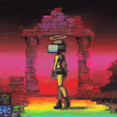 a woman with a tv on her head stands in front of an archway
