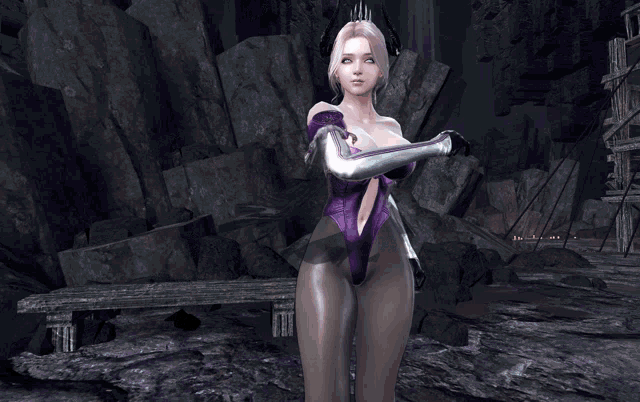 a woman in a purple swimsuit and gloves stands in a dark cave