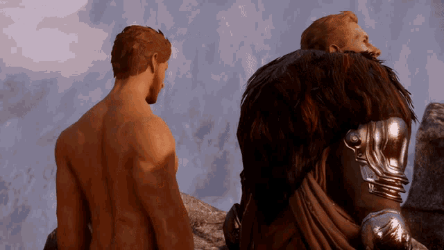 a naked man stands next to another man in armor