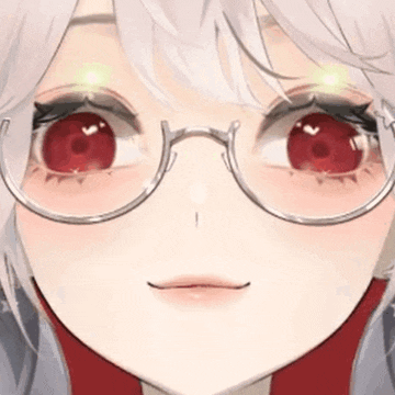 a close up of a anime girl wearing glasses and red eyes .