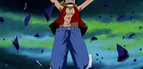 a man in a red shirt and blue pants is standing in a field with his arms outstretched in a cartoon .