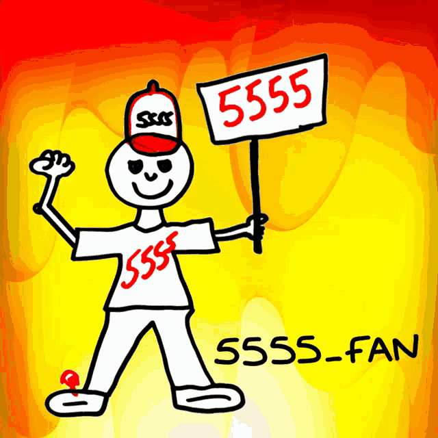 a drawing of a person holding a sign with the number 5555 on it