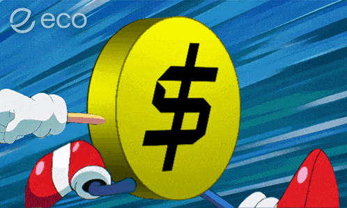a yellow coin with a dollar sign on it is being held by two hands