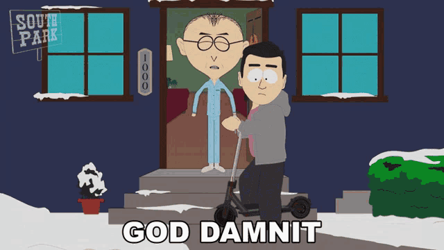 a south park cartoon shows a man riding a scooter in front of a house