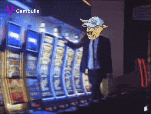 a cartoon of a man in a suit playing a slot machine