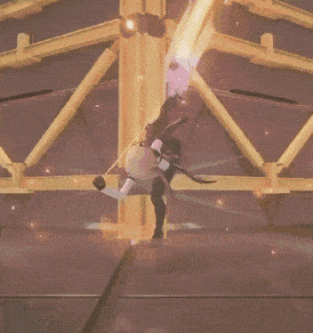a woman in a white top and black pants is climbing a metal structure