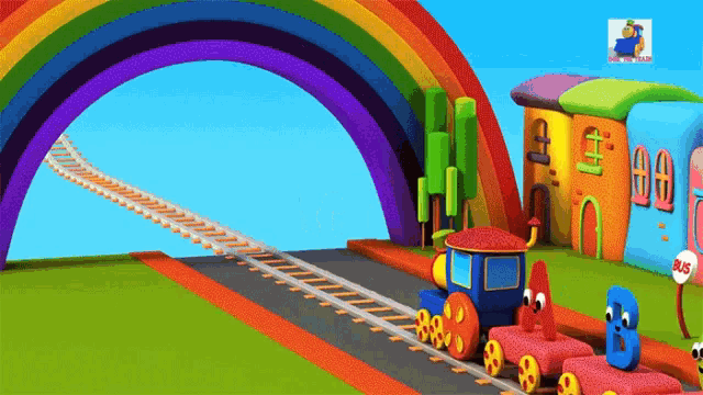a cartoon scene with a train and a stop sign