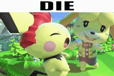 a couple of cartoon characters standing next to each other with the words " die " above them