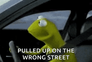 kermit the frog is driving a car with the words `` pulled up on the wrong street '' written on the screen .