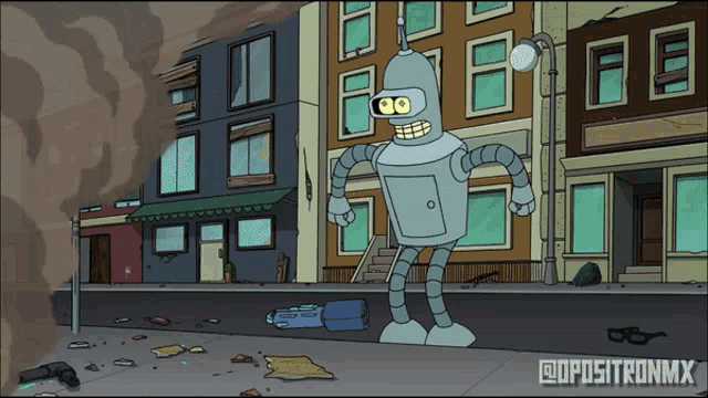 a cartoon of bender from futurama standing on a sidewalk