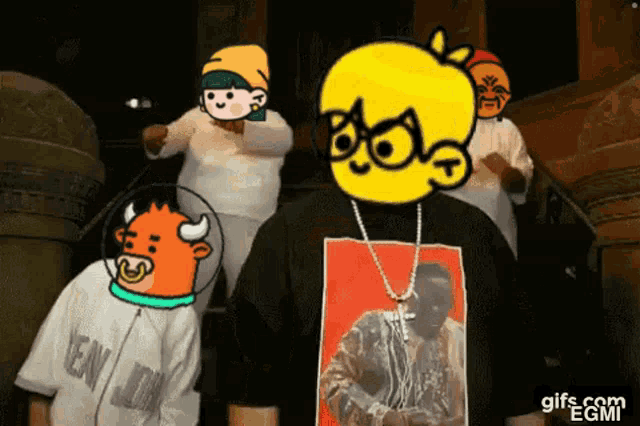 a man wearing a shirt with a picture of a man on it is surrounded by other people