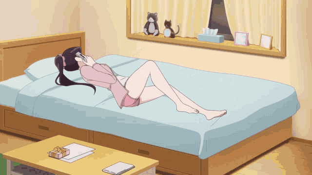 a cartoon of a girl laying on a bed with a box of tissues on the window sill