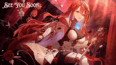a girl with red hair is holding a cane with the words see you soon above her