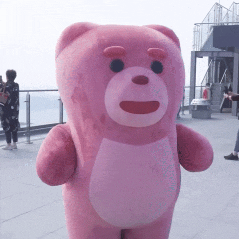 a woman taking a picture of a pink teddy bear on a rooftop