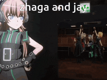 a girl with headphones is standing in front of a group of people and the words zhaga and jay are written above her